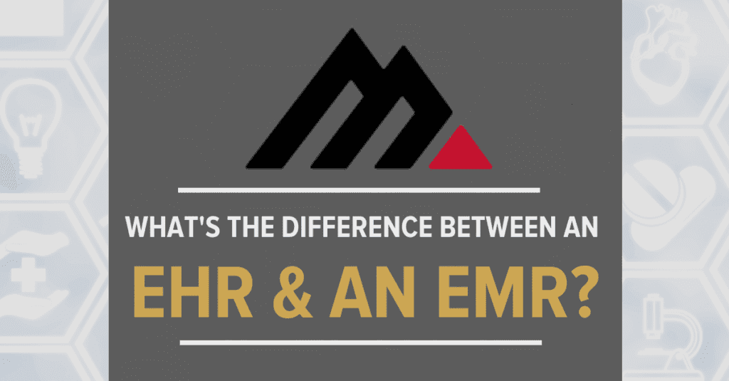 gray background showing the difference between EHR and EMR and red and black med usa logo
