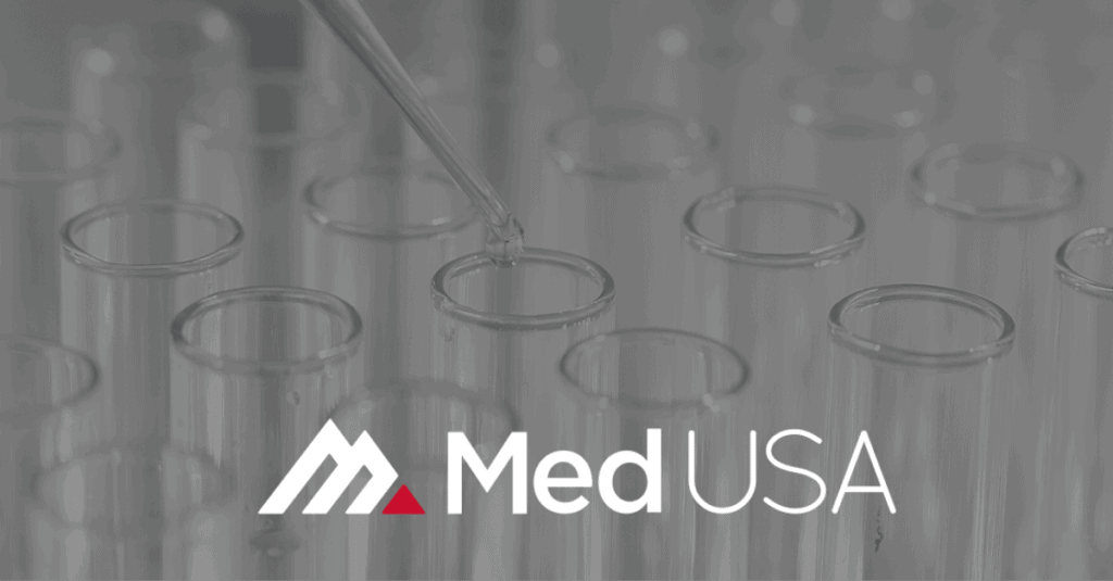 faded black and white background of beakers in a lab for lab billing with white and red med usa logo