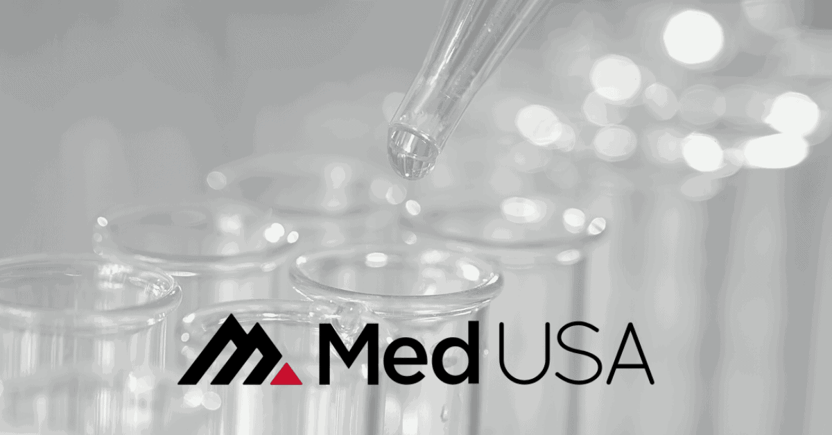 water being dropped into beaker for lab billing services with red and black med usa logo