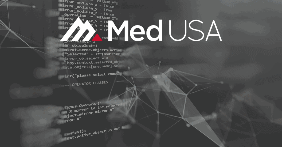 black and white virtual background with coding for EHR complaints with white and red Med USA logo