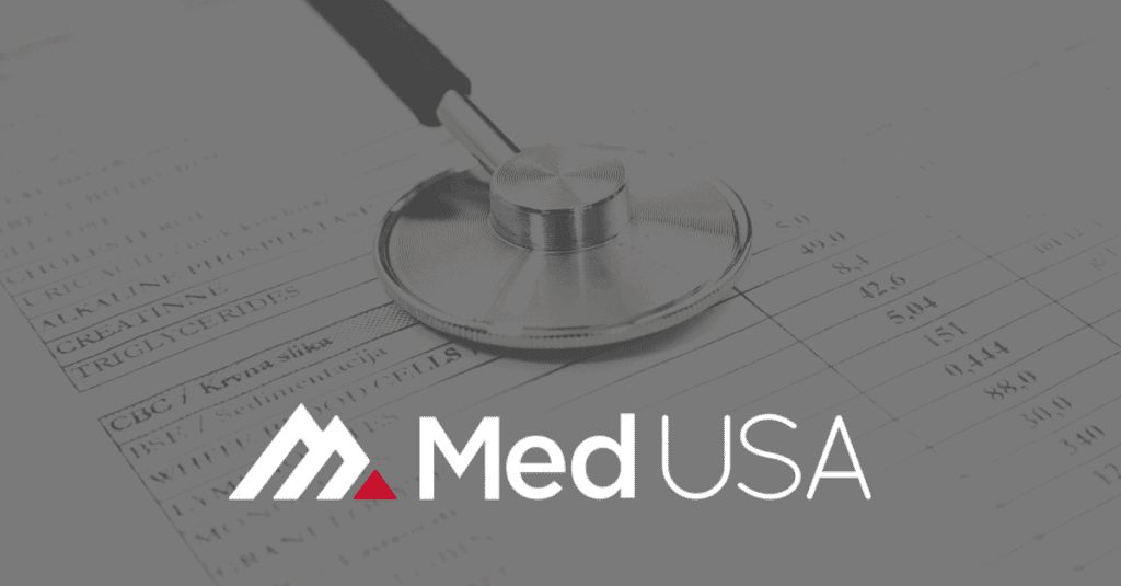 stethoscope on paper for laboratory billing solutions with red and white med usa logo