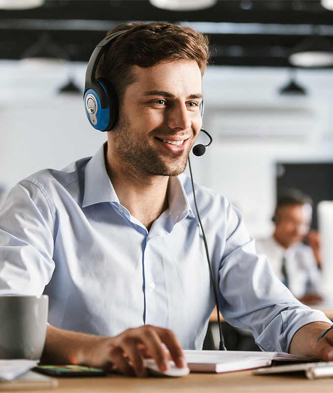 A customer support agent wearing a headset