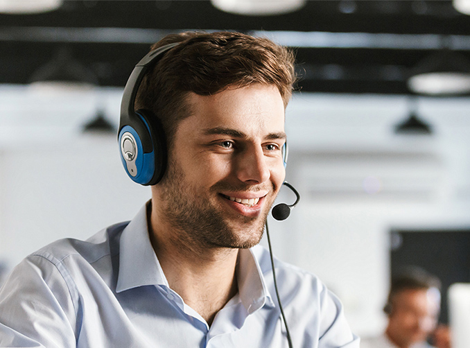 A customer support agent wearing a headset