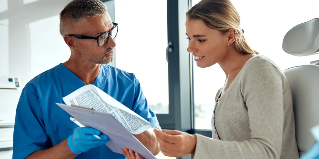 A doctor and woman sitting together, discussing dental care with a professional in the background.