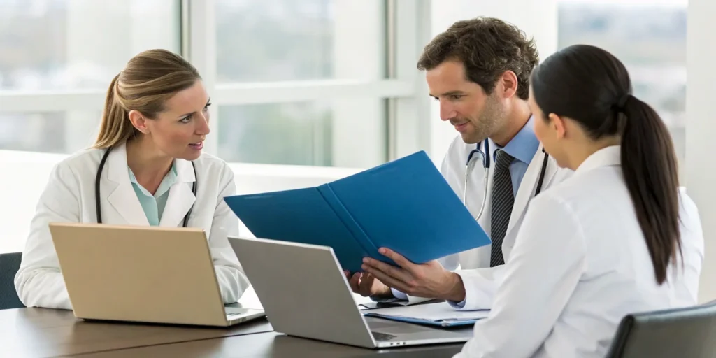 Doctors choosing medical credentialing services for their practice in a meeting.