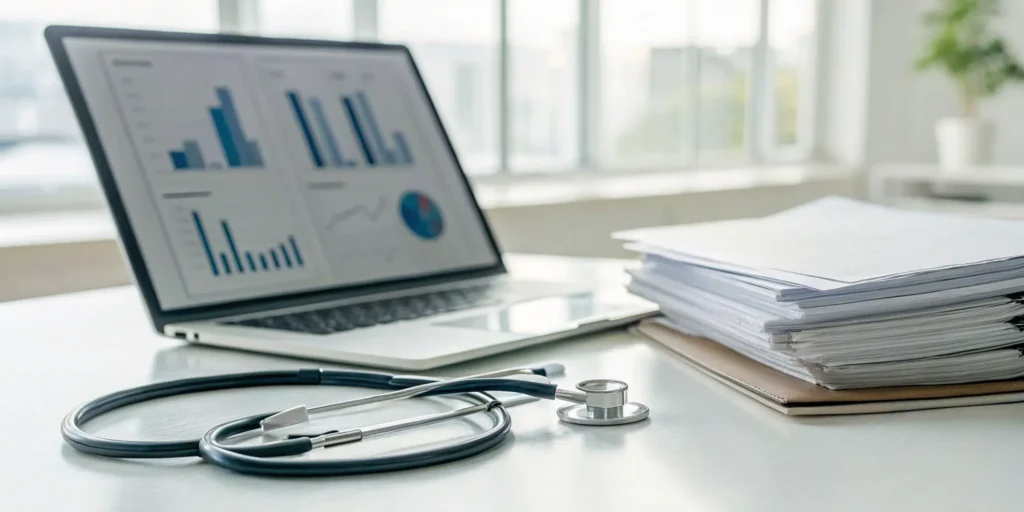 A professional's desk setup for outsourced medical billing with a laptop, charts, and a stethoscope.