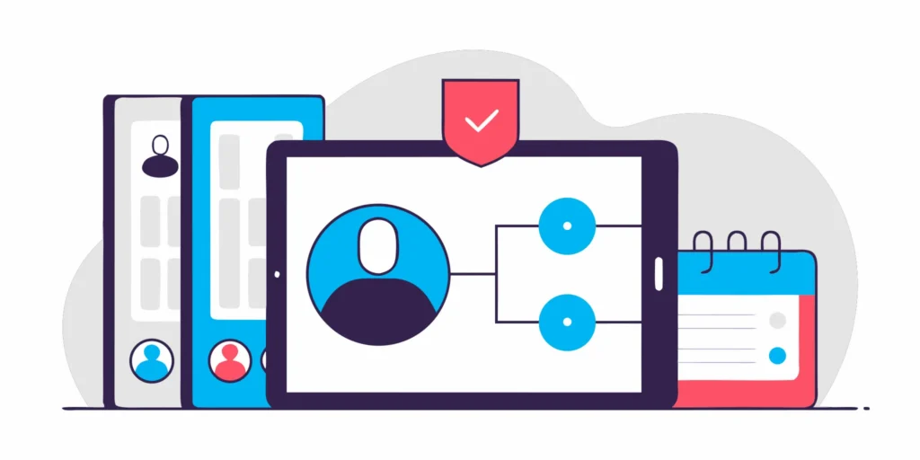 A tablet showing a flowchart and provider profile for managing behavioral health credentialing services.