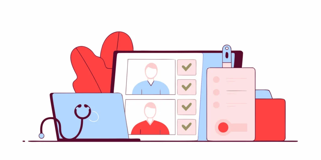 A laptop displaying provider credentialing services with a checklist and stethoscope nearby.