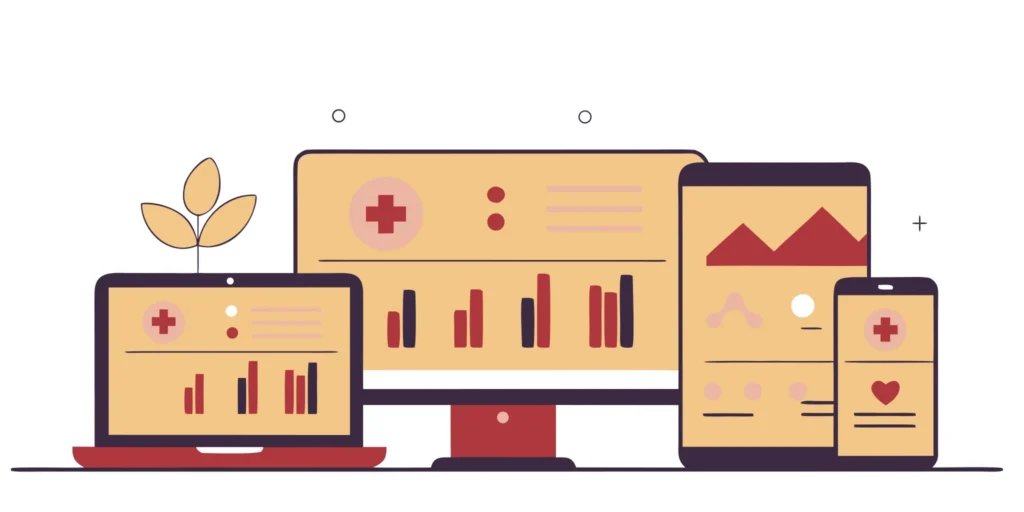 Urgent care software dashboard with patient data and analytics displayed on a laptop and tablet.