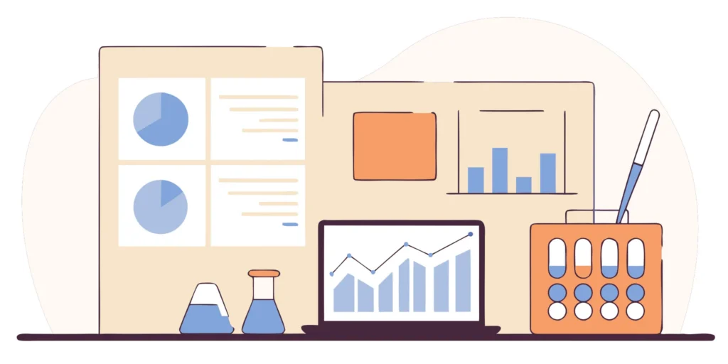 A laboratory desk with financial charts and equipment for revenue cycle management.