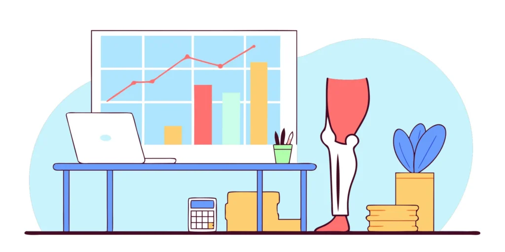 An orthopedic billing company desk with a prosthetic leg, calculator, and charts showing increased revenue.