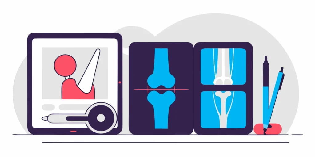An orthopedic surgery coding cheat sheet on a tablet, surrounded by joint X-rays and tools.
