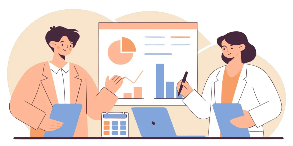 Lab managers reviewing charts to choose a top laboratory billing company.