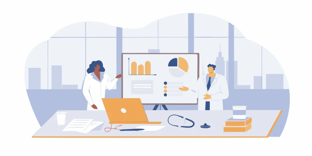 Medical staff review accounts receivable follow-up company data on a whiteboard.