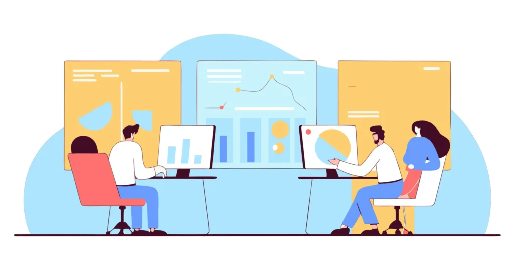 Healthcare revenue cycle management team working with analytics dashboards and medical billing software