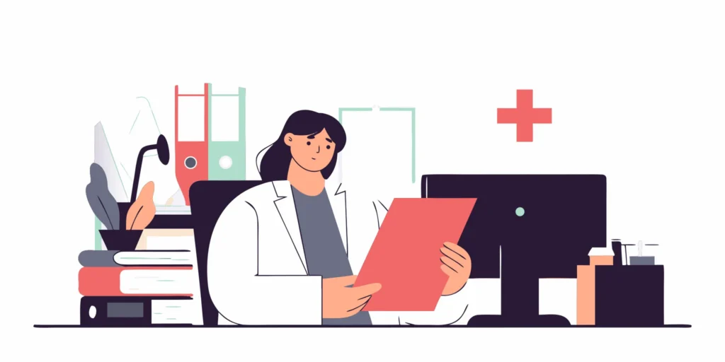 Medical billing specialist reviewing orthopedic surgery claims at a clean office desk