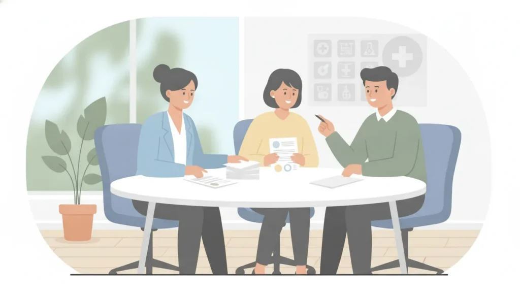 Medical billing specialists reviewing laboratory claim documents together in a modern office