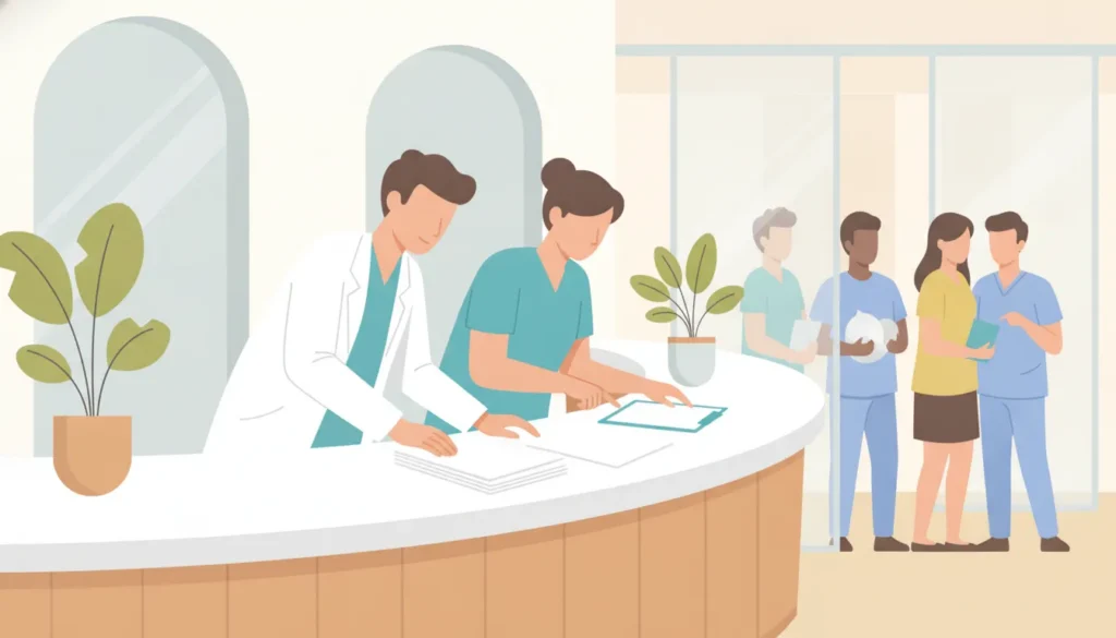 Urgent care clinic administration and billing team coordinating high-volume claims at a modern front desk