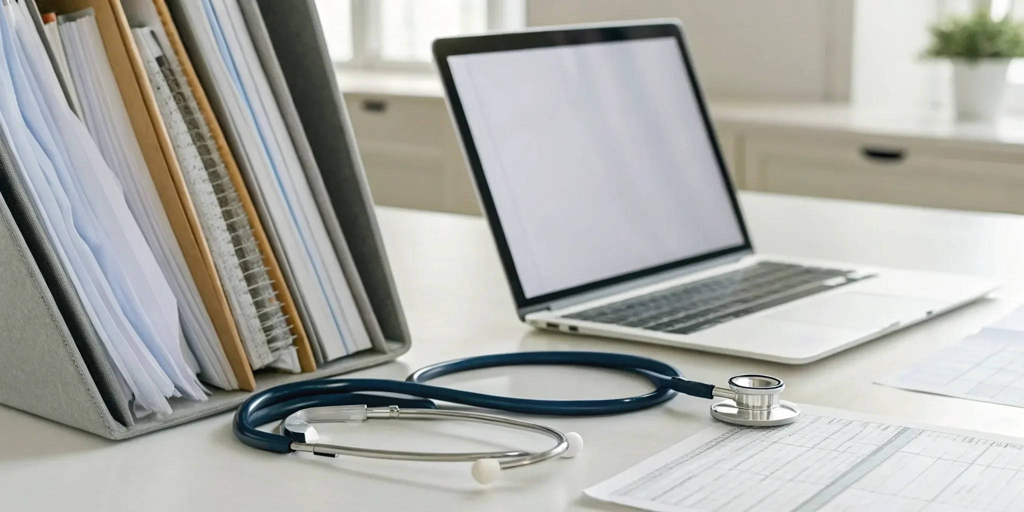 A desk showing the medical billing denial management process with a laptop, claim forms, and a stethoscope.