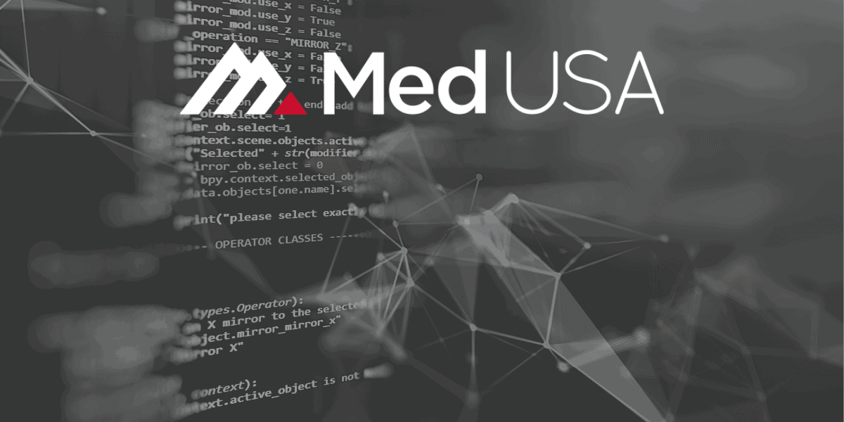 black and white virtual background with coding for EHR complaints with white and red Med USA logo