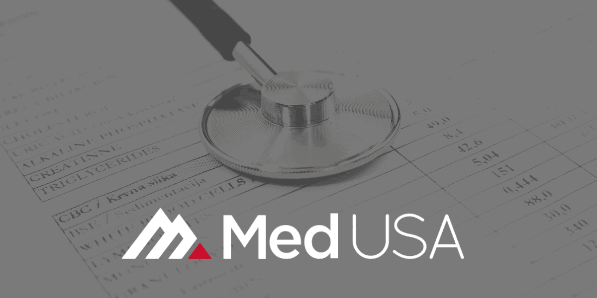 stethoscope on paper for laboratory billing solutions with red and white med usa logo