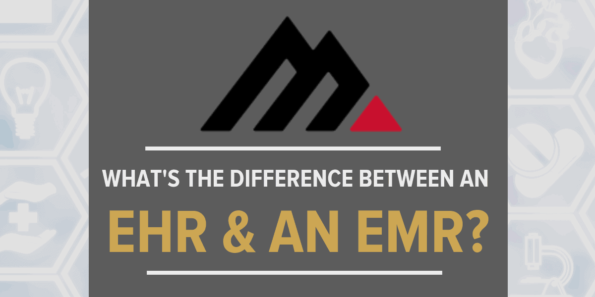 gray background showing the difference between EHR and EMR and red and black med usa logo