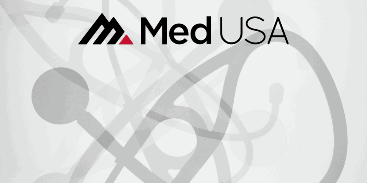 black and white background with stethoscopes with red and black med usa logo